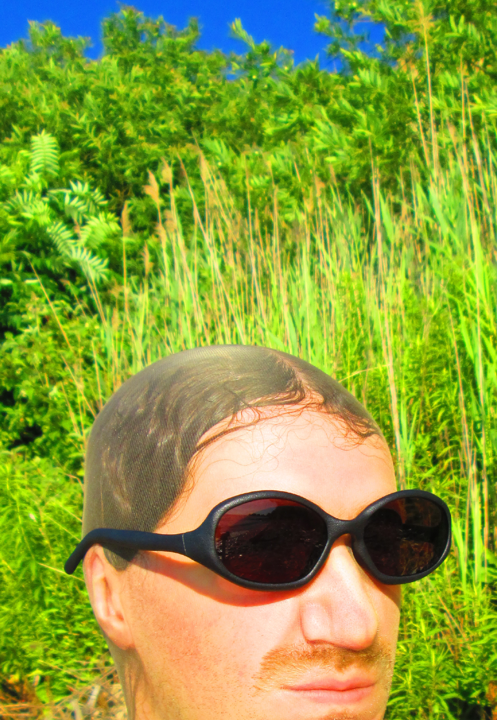 3D render of a bald model wearing black sunglasses with transparent grey lenses